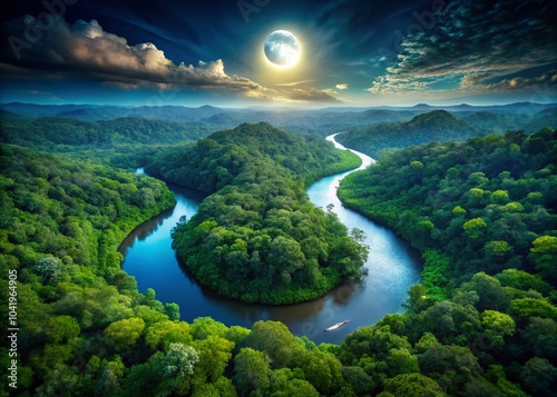 Moonlit River Flowing Through Lush Rainforest - Drone Photography