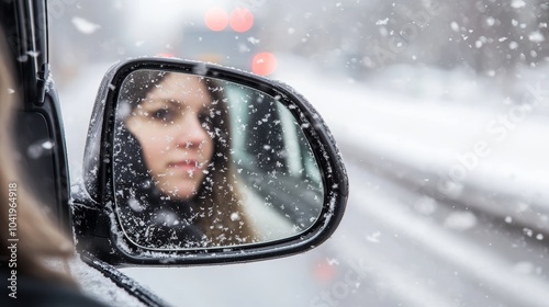 A woman gazes thoughtfully into the snow-covered side mirror during winter. photo