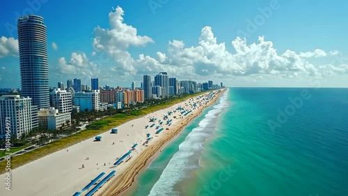 An aerial view of Miami Beach on a sunny day, with the city skyline and the ocean in the background