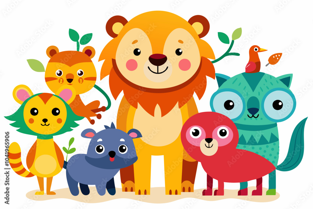 Fototapeta premium Whimsical Cartoon Animals with Bright Colors on White Background
