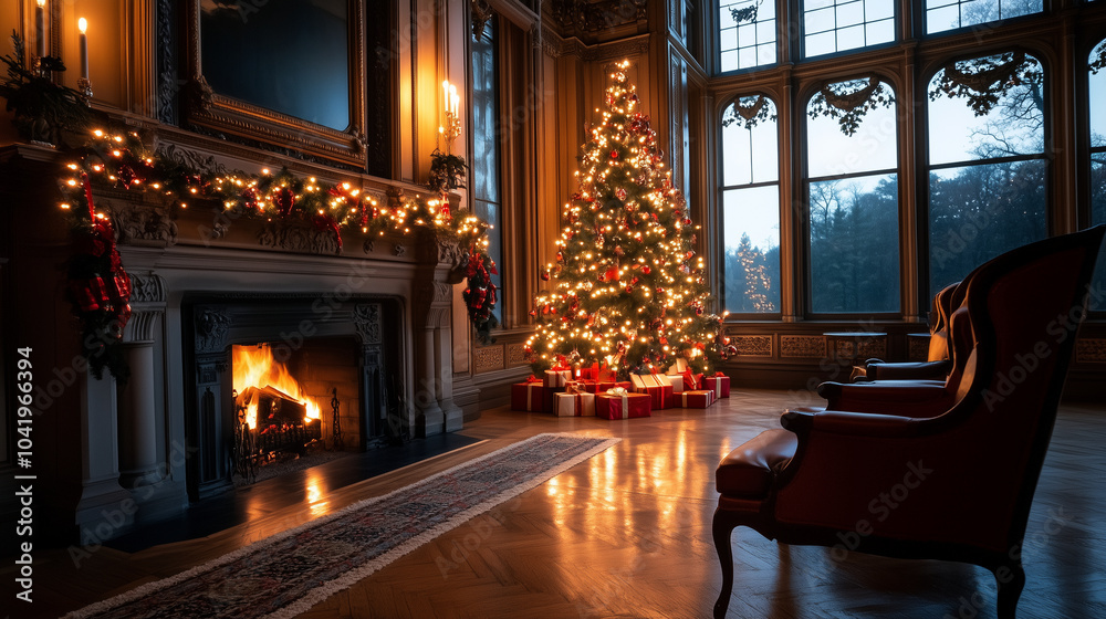 Obraz premium A beautifully lit Christmas tree stands beside a grand fireplace, elegantly adorned with festive garlands and holiday decor, filling the room with warmth and joy during the holiday