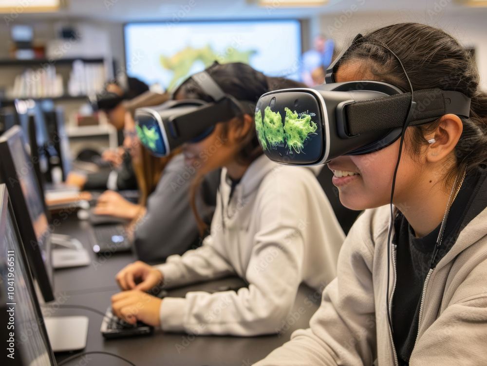 High school students using virtual reality headsets to explore a simulated science experiment in their online class High school students using virtual reality headsets to explore a simulated science experiment in their online class