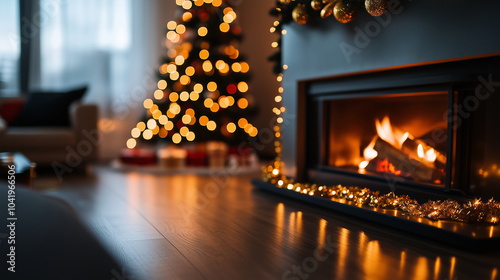 The warm glow of a fireplace decorated with golden garlands and a chic Christmas tree lights up a modern living room, creating a cozy yet elegant holiday atmosphere.