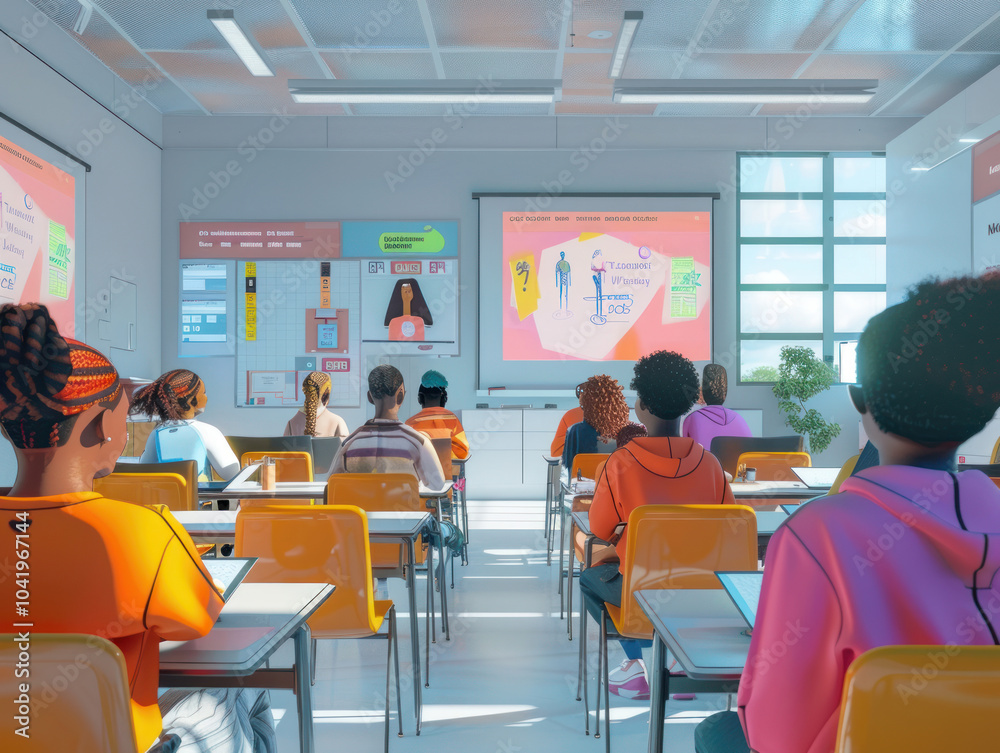 Immersive virtual classroom filled with animated learning tools, quizzes, and course content engaging a diverse group of learners Immersive virtual classroom filled with animated learning tools, quizzes, and course content engaging a diverse group of learners