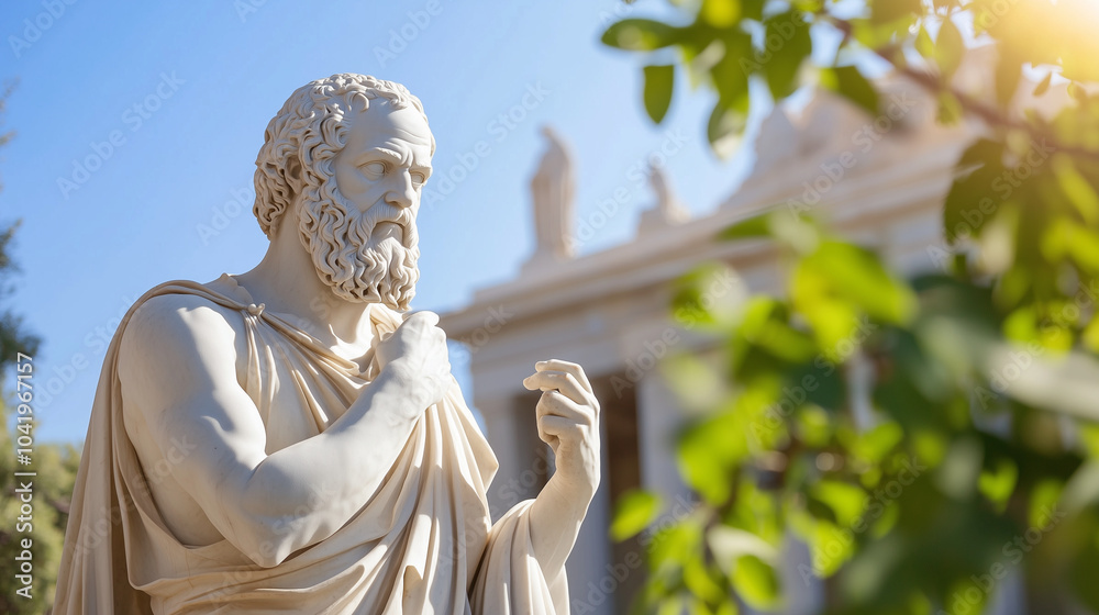 Obraz premium A beautifully detailed marble statue of Socrates, with a thoughtful expression and intricate robes, standing as a tribute to his legacy as one of the greatest philosophers of ancie