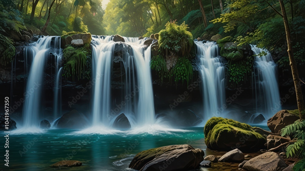 a beauty of a cascading waterfall surrounded by lush greenery. The water falls from a great height, creating a powerful and mesmerizing spectacle. a beauty of a cascading waterfall surrounded by lush greenery. The water falls from a great height, creating a powerful and mesmerizing spectacle.