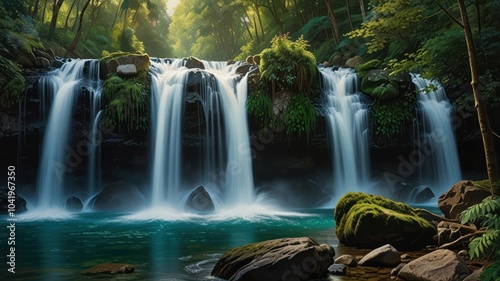 a beauty of a cascading waterfall surrounded by lush greenery. The water falls from a great height, creating a powerful and mesmerizing spectacle.