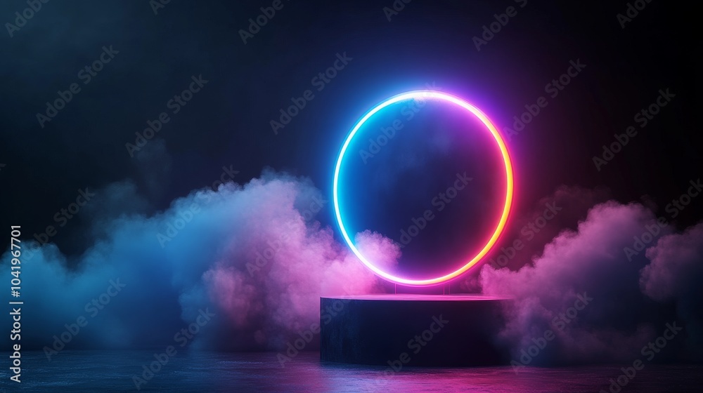 Neon circle glowing amidst colorful fog in a dark setting Neon circle glowing amidst colorful fog in a dark setting
