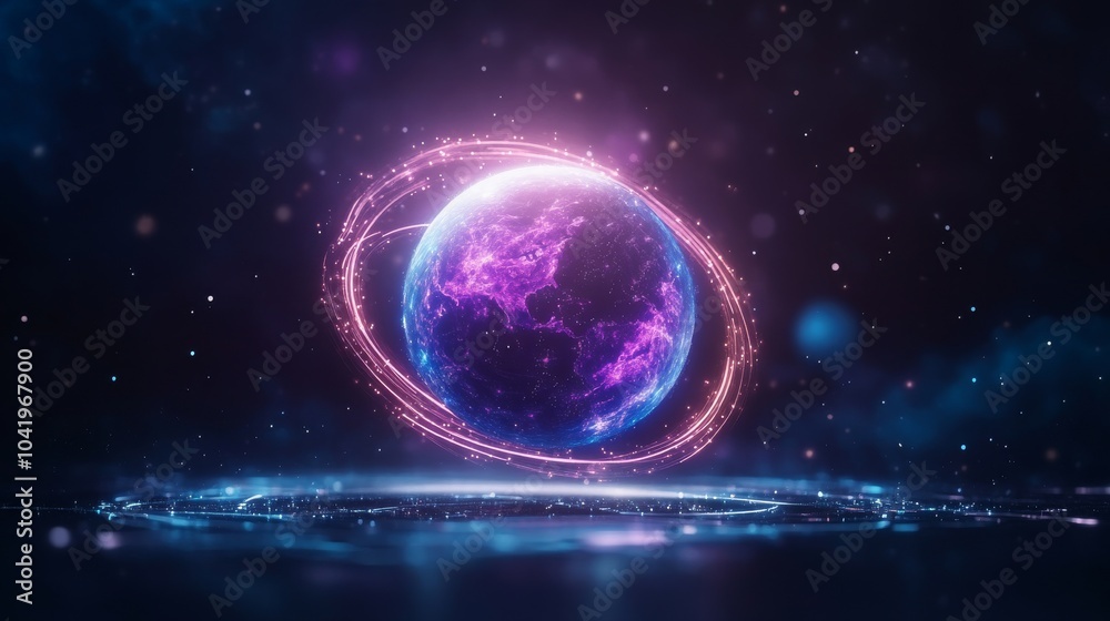 Obraz premium Futuristic glowing planet with vibrant rings in space
