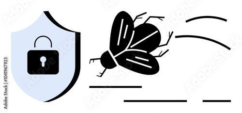 A black fly flying next to a shield with a lock symbol in minimalist style. Ideal for cybersecurity malware virus protection digital security and online safety themes. Simple modern graphic