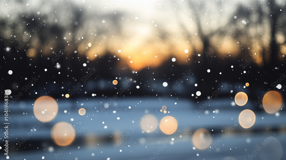 Fototapeta premium A soft swirl of illuminated snowflakes creates a dreamy blur in the air, their subtle glow complemented by sparkling reflections, adding a touch of magic to the winter scene.