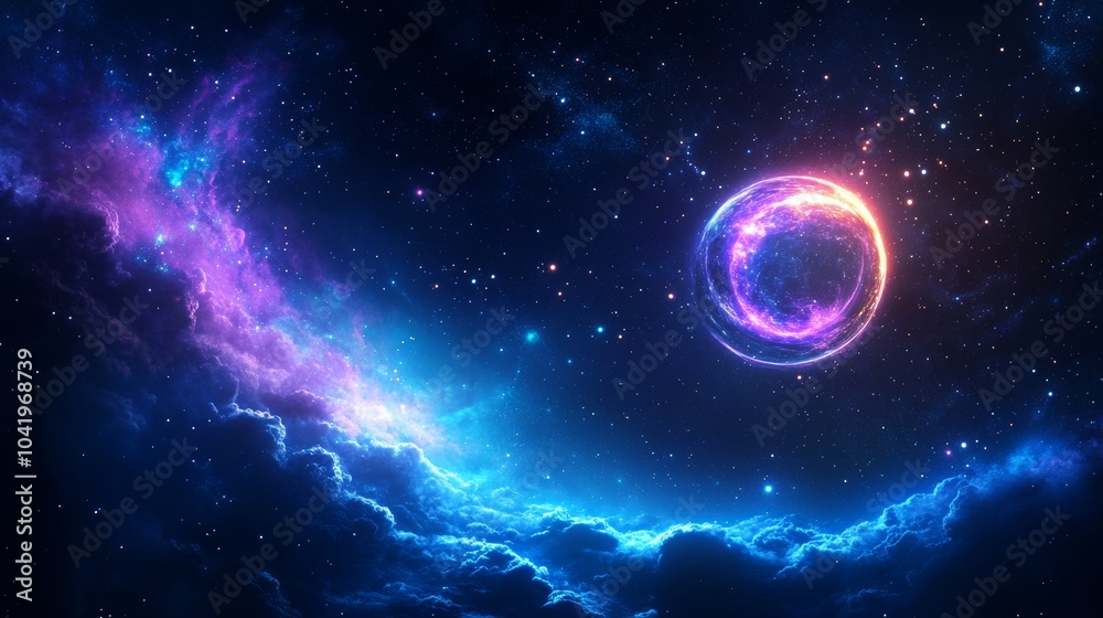 Fototapeta premium Cosmic scene with vibrant nebula and glowing celestial body