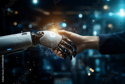 AI, Machine learning, Futuristic representation of harmonious interaction between humans and robots, collaboration between technology and humanity, automation, and the future of technology.
