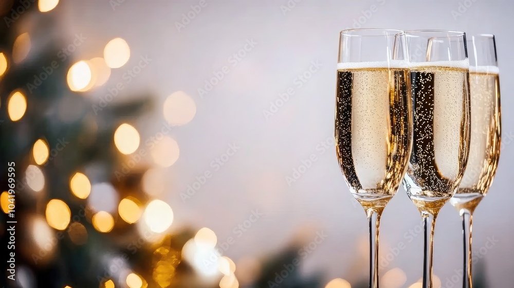 Champagne glasses sparkle as they toast to the New Year, surrounded by a sophisticated backdrop of glitter and festive lights Champagne glasses sparkle as they toast to the New Year, surrounded by a sophisticated backdrop of glitter and festive lights
