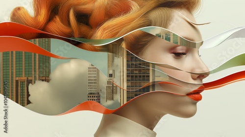 Portrait of a woman with red hair blowing in the wind, overlapping with a cityscape, creating a surreal and artistic double exposure effect; Feminine concept in the business of metropolis