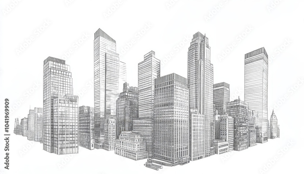 Naklejka premium Office building skyline, business district, pencil drawing, isolated on white background
