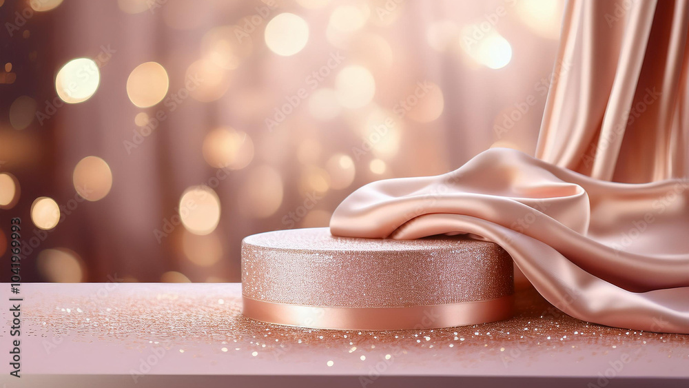 Rose gold stand on surface for product showcase, with glitter, silk and bokeh Rose gold stand on surface for product showcase, with glitter, silk and bokeh