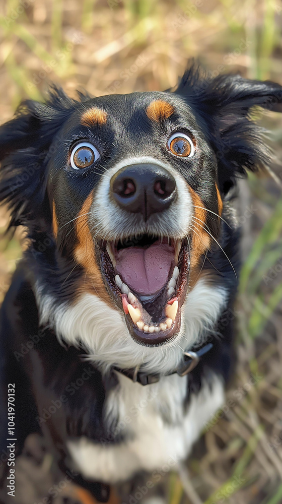 Funny dog portrait. Surprised shocked dog with wide eyes and open mouth looking at the camera Funny dog portrait. Surprised shocked dog with wide eyes and open mouth looking at the camera