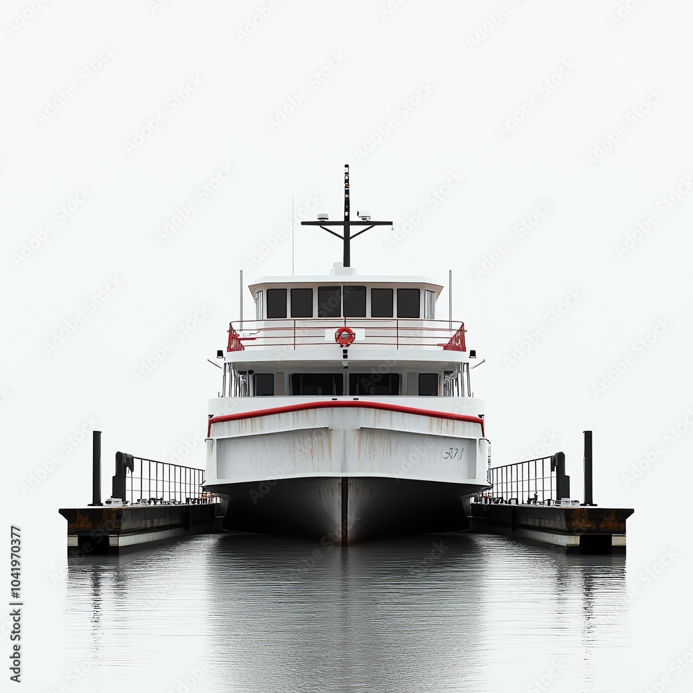 Obraz premium A ferry boat docked at the pier on calm water, isolated against a soft white background.