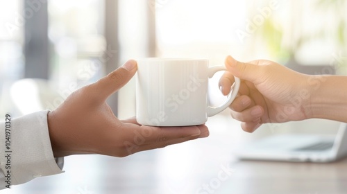 Office interaction: sharing a coffee break moment for workplace connection and team bonding.