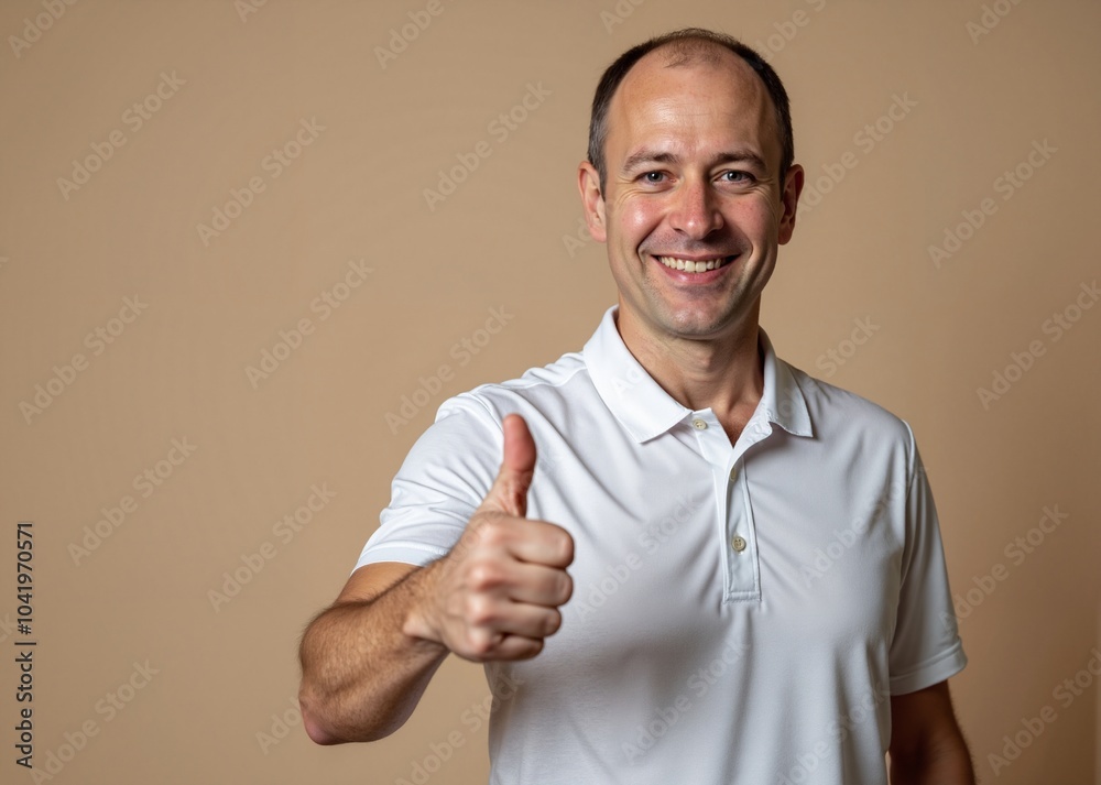Cheerful middle-aged man with thumbs up gesture against neutral background with copy space Cheerful middle-aged man with thumbs up gesture against neutral background with copy space