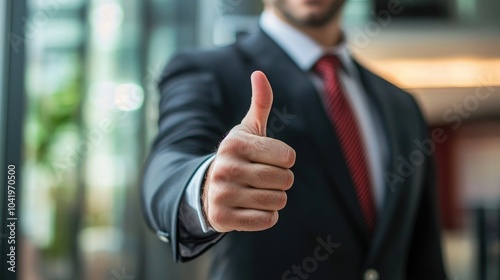 Business leader giving a thumbs-up in a corporate setting. 