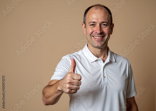 Cheerful middle-aged man with thumbs up gesture against neutral background with copy space