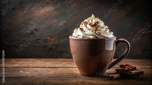 Delicious gourmet hot chocolate with whipped cream served in a symmetrical ceramic mug