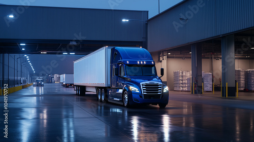 A sleek blue semi-truck with its door wide open stands motionless in a warehouse loading zone, its empty trailer lined up perfectly for the next load in the bustling industrial are