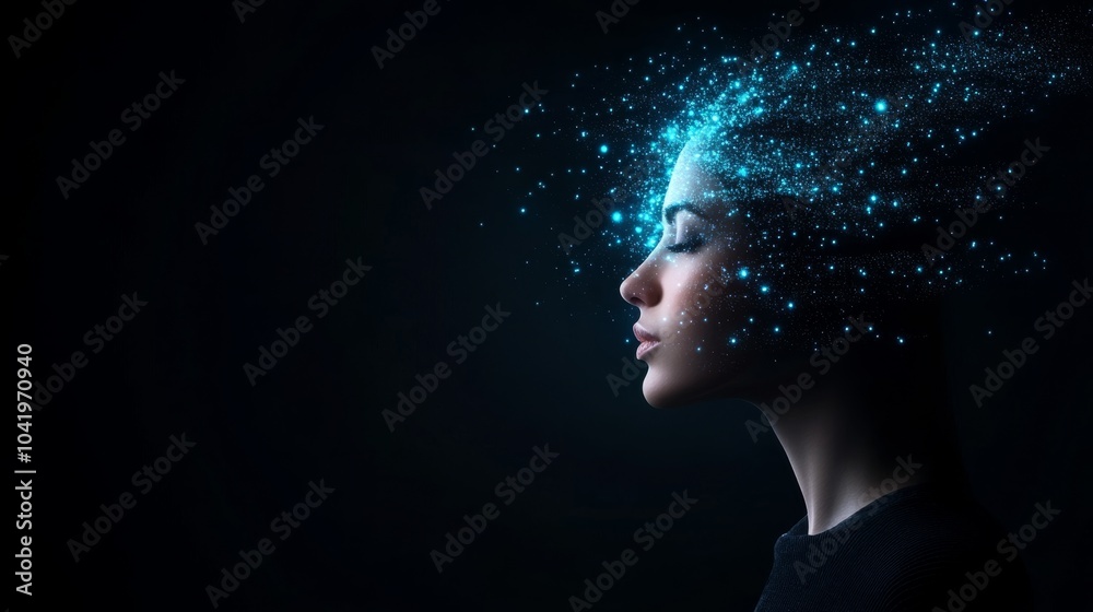 Ethereal woman with sparkling cosmic energy emanating from head Ethereal woman with sparkling cosmic energy emanating from head