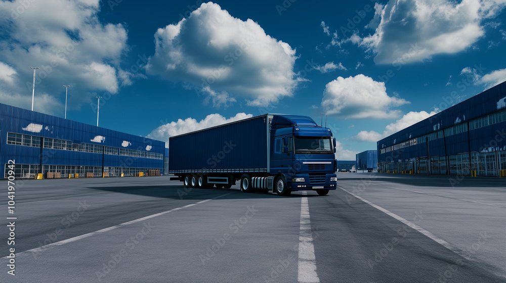 The blue big rig with an empty trailer stands in the middle of an industrial warehouse parking lot, its driverâs door left open as it awaits the next shipment, a perfect picture of The blue big rig with an empty trailer stands in the middle of an industrial warehouse parking lot, its driverâs door left open as it awaits the next shipment, a perfect picture of