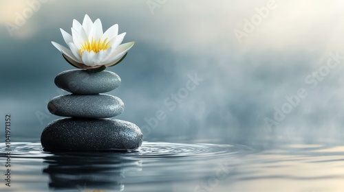 White flower on spa stones in water, symbolizing balance and peace. Ideal for relaxation and meditation in nature. Blue and gray tones create a serene backdrop