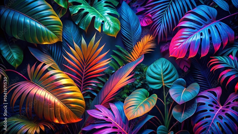 Neon Tropical Paradise: Iridescent Leaves Glow in the Dark, Capturing Nature's Vibrant Hues in a Surreal Landscape Neon Tropical Paradise: Iridescent Leaves Glow in the Dark, Capturing Nature's Vibrant Hues in a Surreal Landscape