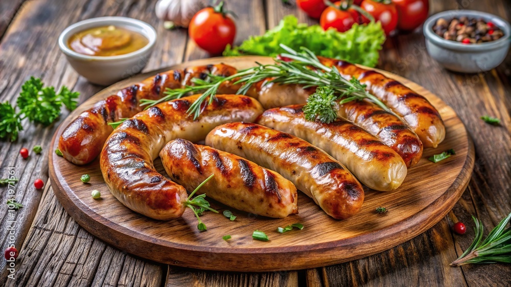 Delicious grilled sausages garnished with fresh herbs served on a wooden platter perfect for a barbecue or picnic meal