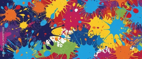 A lively collection of paint splashes in an array of bright colors bursts across the canvas, creating an energetic and playful atmosphere, inviting creativity and joy