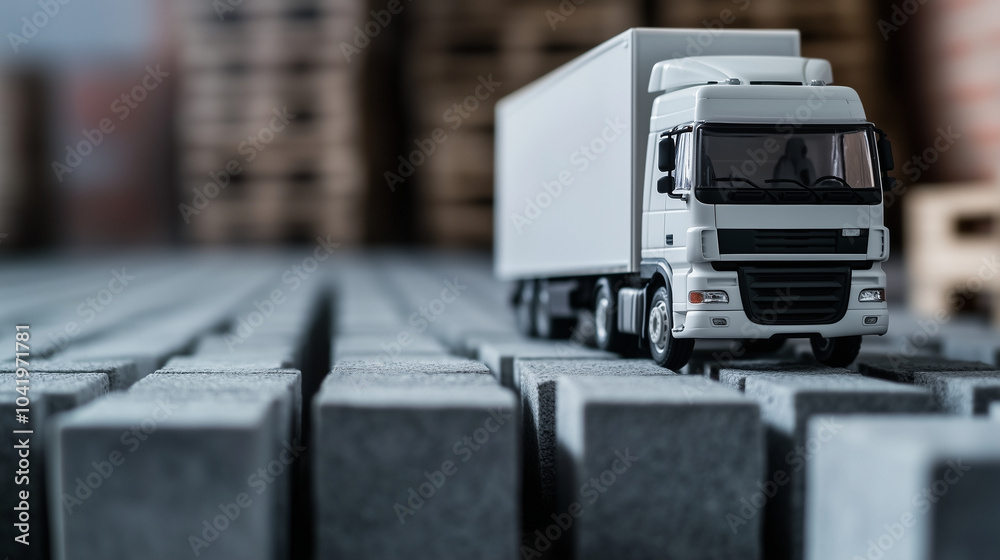 The Macro Perspective Of A White Toy Truck Perched On Grey Blocks Shows the-macro-perspective-of-a-white-toy-truck-perched-on-grey-blocks-shows