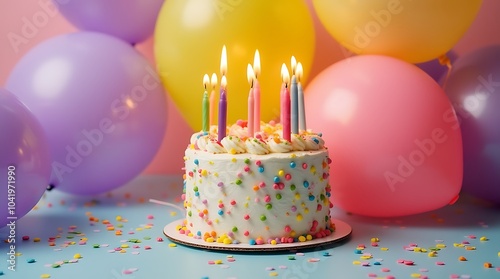 Festive Birthday Celebration with Vibrant Balloons, Colorful Confetti, and a Beautifully Decorated Cake Surrounded by Gleaming Candles, Creating a Joyful Atmosphere