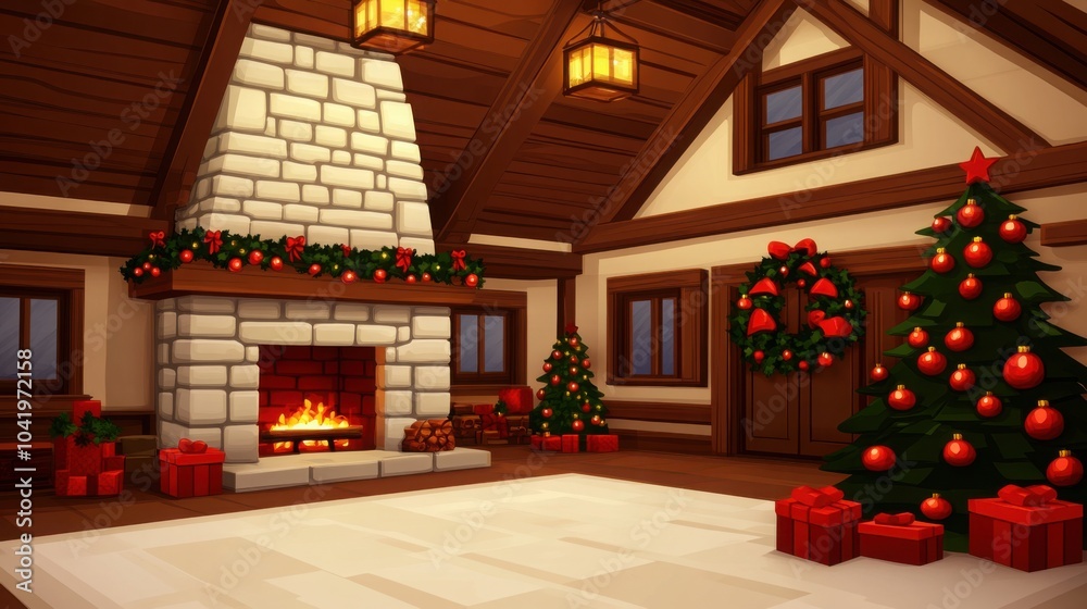 Cozy Christmas Living Room with Ornaments and Cat