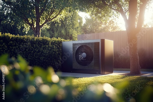 Modern Outdoor Air Conditioning Unit in Garden Setting photo