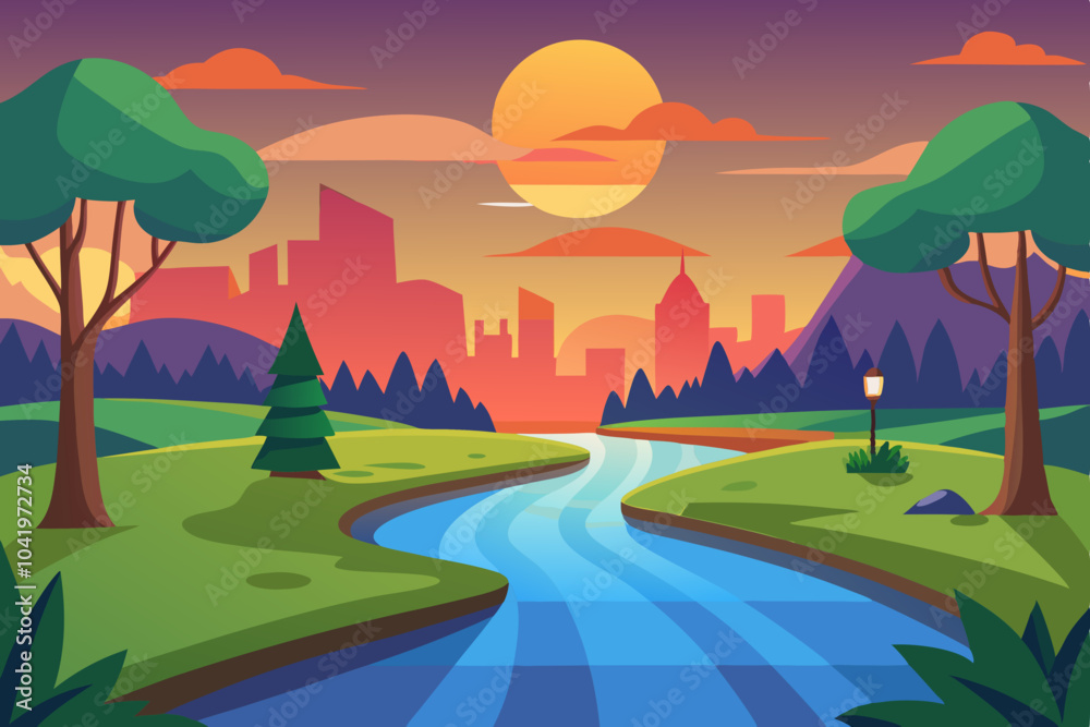 Fototapeta premium A digital painting of a park with a sunset and a river