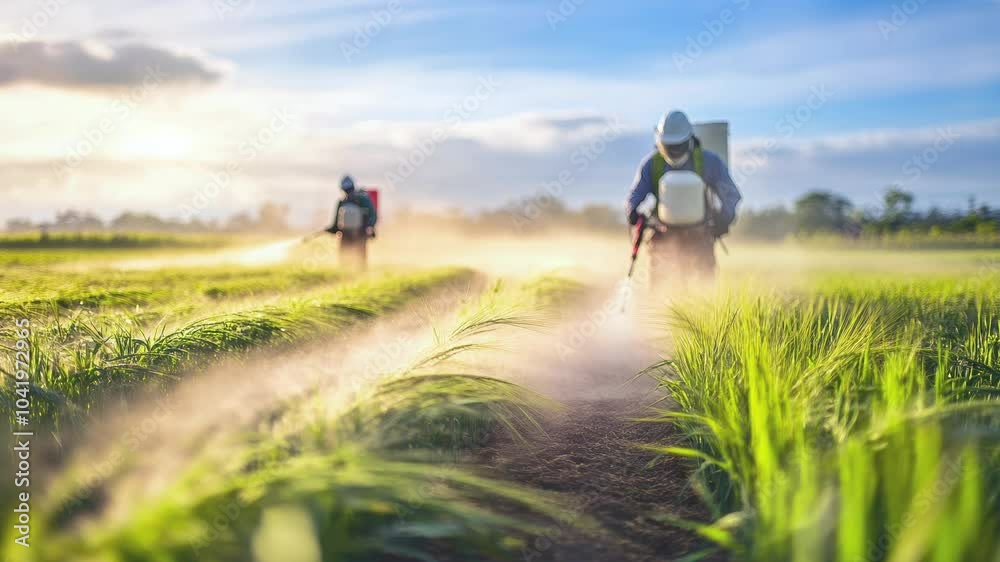 Team is spraying pesticides in lush rice fields as the sun sets beautifully over the landscape Team is spraying pesticides in lush rice fields as the sun sets beautifully over the landscape