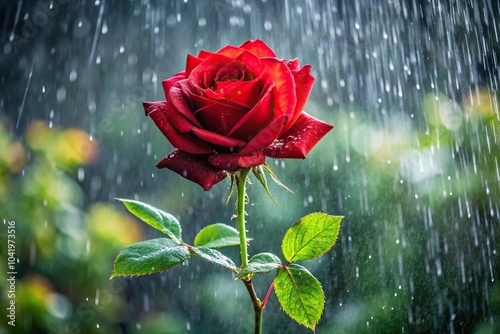 photorealistic art of a wide-angle red rose in the rain photo