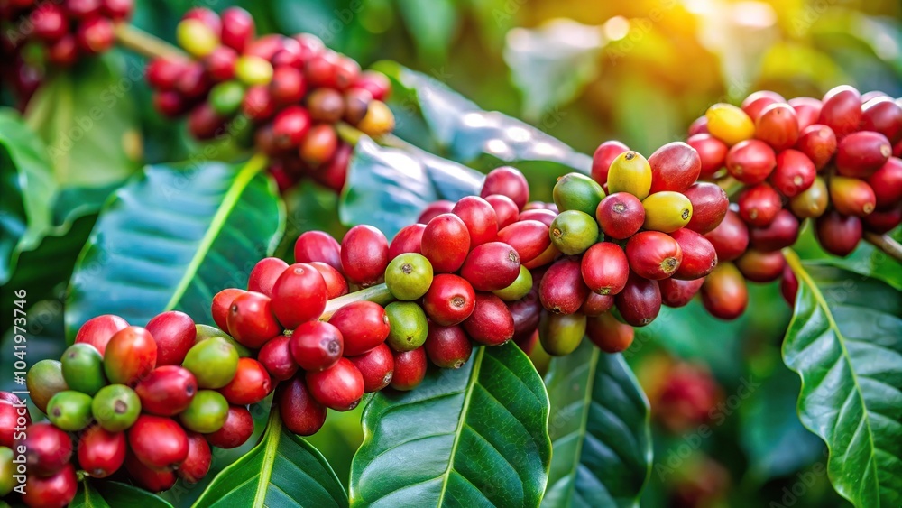 Panoramic view of ripe arabica coffee berries on tree branch in plantation Panoramic view of ripe arabica coffee berries on tree branch in plantation