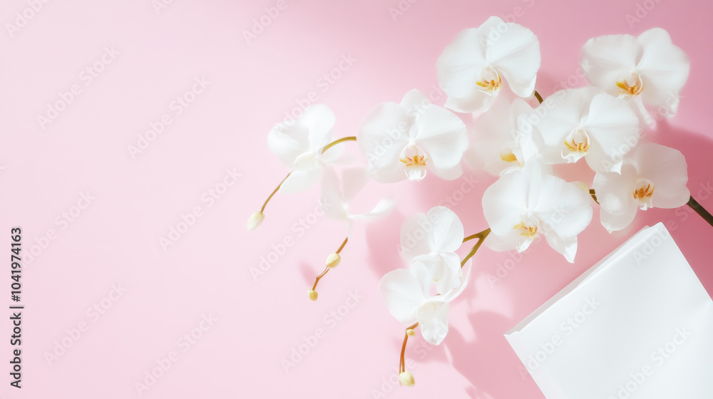 Fototapeta premium White Orchids on Pink Background: Elegant Floral Arrangement