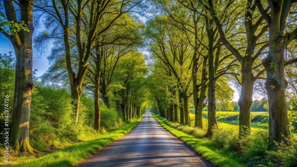 Narrow road going through trees in countryside under blue sky high angle view
