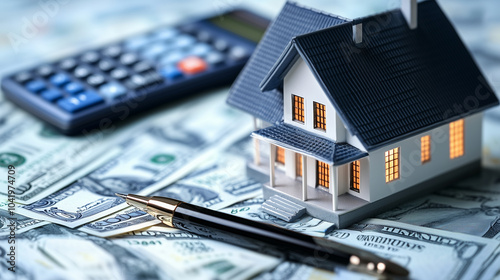 A miniature house set on a desk with a mortgage calculator and pen, capturing the essence of real estate financing and property investment.