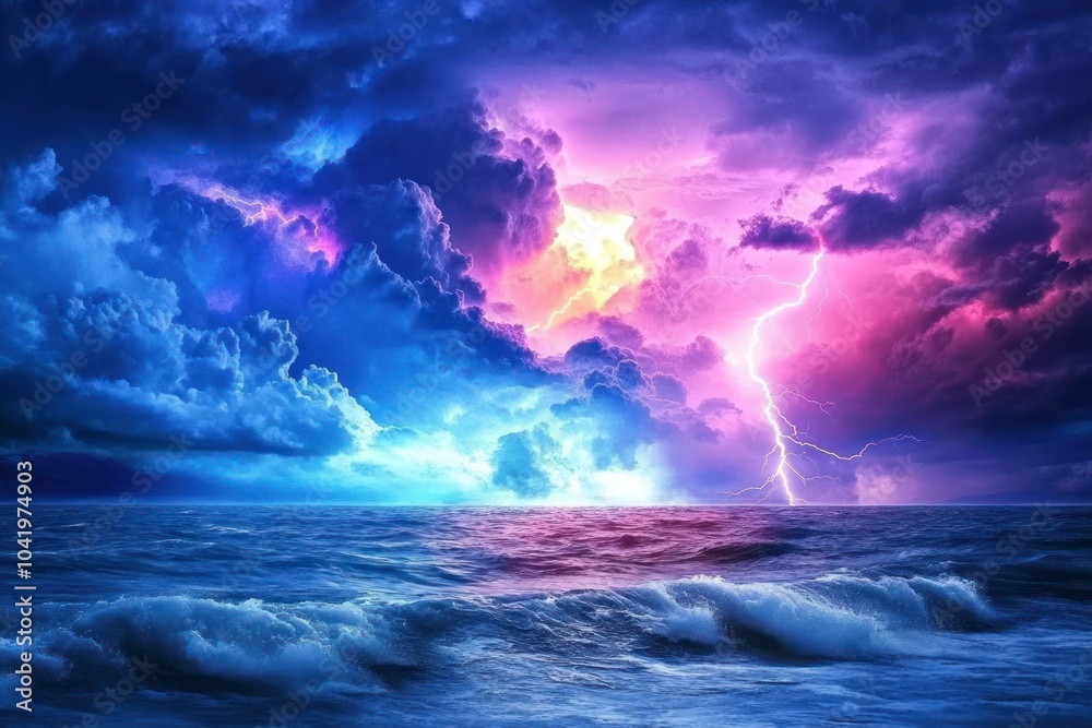 Naklejka premium Stunning Vibrant Storm Display Over Ocean Horizon