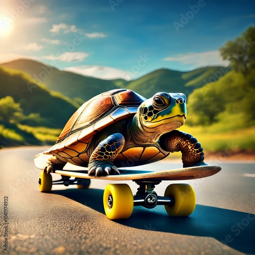 A detailed image of a turtle riding a skateboard on a road during a sunny day. The turtle is balanced on the skateboard with determination, and the background features a blurred AI Image photo