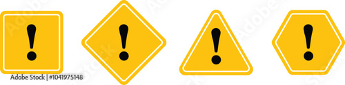 Set of square, rhombic, triangular and hexagonal red road signs Isolated in White background with exclamation point. Caution sign. Vector icons for warning about the situation on the road