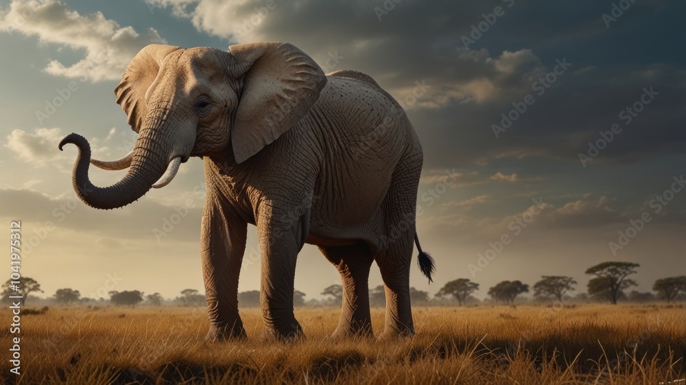 Fototapeta premium A African elephant stands in a dusty, open savanna. Its large, wrinkled skin is a rich brown color. The elephant's ears are spread wide, showcasing their impressive size and intricate folds.